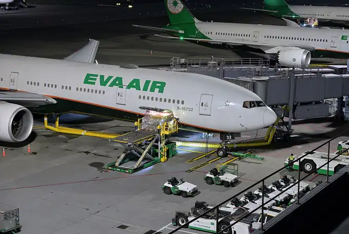 Palletised air cargo being loaded onto a wide-body freighter aircraft